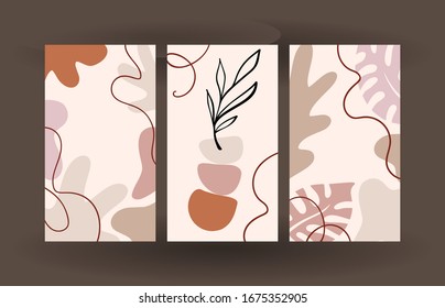 Set of vector abstract creative leaves background in minimal trendy style in portrait with copy space for text. Design templates for social media stories. Simple and stylish.