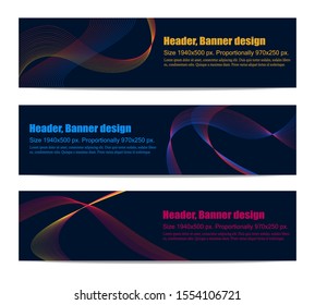 Set of vector abstract dark banners, headers, with wavy images, for web sites. Size 1940x500. EPS10.