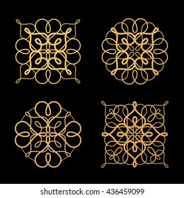 Set of vector abstract decorative rosettes to create different designs. Logos, book covers, business cards, corporate identity creation. Illustration gold tracery element on a black background.