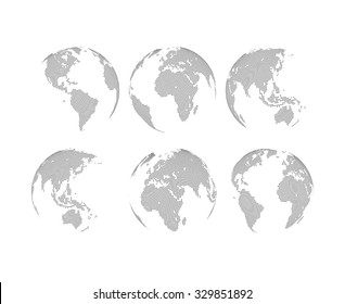 Set of vector abstract dotted globes. Six globes, including a view of the Americas, Asia, Australia, Africa, Europe and the Atlantic