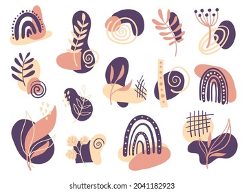 set of vector abstract elements for design, leaves on a background of abstract shapes, autumn elements, hand drawn doodle style