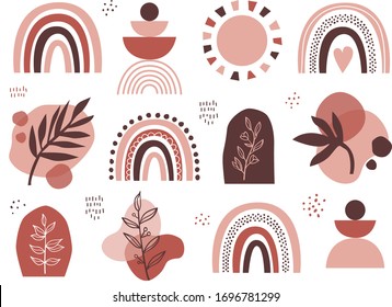 Set of vector abstract elements in terracotta colors. Geometric design of background. Abstract rainbow, sun, florals and leaves isolated on white background.  