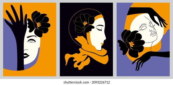 Set of vector abstract female creative portraits. Posters, hand-painted with art deco elements. For postcards, cover design, stories, social media, web.