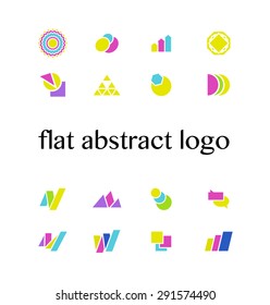 Set of vector abstract flat logo with arrows, letters, triangles, diagrams, circles, stars, text boxes. Geometric icons. Good for any business or industry company identity. Company insignia design.