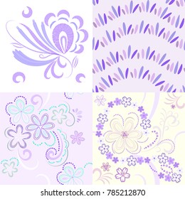 Set of vector abstract and floral patterns for the design of the background in a modern pastel color scheme. Four seamless patterns