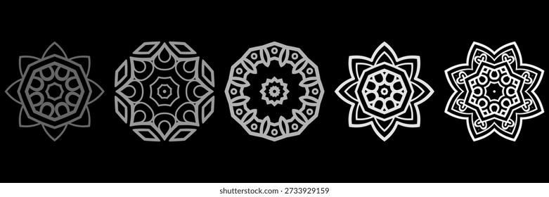 Satz von Vektor, abstrakte florale nahtlose Muster. fünf Icons mit einem Ornament im Inneren und einem Dockingelement auf schwarzem Hintergrund.