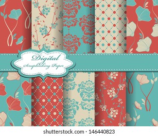 set of vector abstract flower pattern paper for scrapbook with butterfly