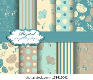 set of vector abstract flower pattern paper for scrapbook with butterfly
