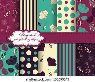 set of vector abstract flower pattern paper for scrapbook with butterfly