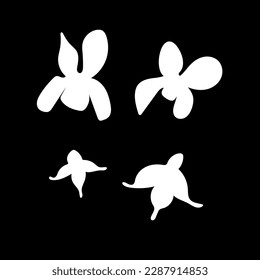 Set of vector abstract flowers in an abstract style of different shapes. White on a black background. Spring, summer, holiday, rest, nature. Minimalism, hand drawing, simplicity, decor. Eps10