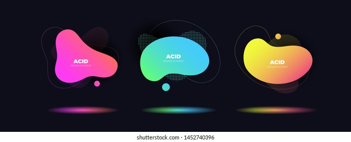 Set of vector abstract fluid shape banner template. Modern style colorful acid fluid shapes with color shadow isolated on black background. Orange, green, blue, pink colors. Design for presentation.