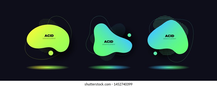 Set of vector abstract fluid shape banner template. Trendy style colorful memphis fluid shapes with color shadow isolated on black background. Yellow, green, blue colors. Design element