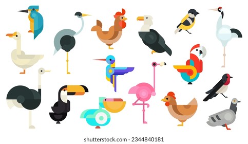 Set vector abstract geometric birds in modern fashion minimal art style. Kingfisher, hummingbird, titmouse, swallow,Kingfisher, hummingbird, titmouse, swallow, heron, flamingo, ostrich, crane.