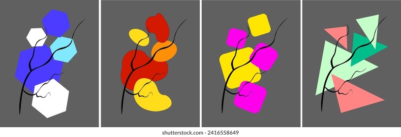 A set of vector abstract geometric illustrations with elements of nature on the theme of the seasons. Summer, winter, autumn, spring.