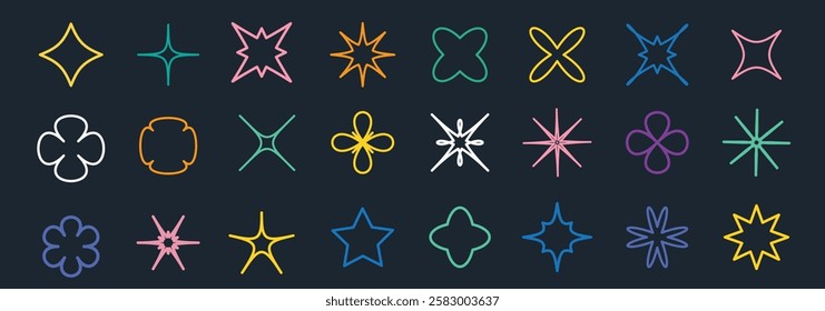Set of vector abstract geometric linear icons. Minimal flower star design. Outline geometric shapes icon set.
