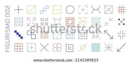 Set of vector abstract geometric linear icons of arrows and grids in memphis style, 