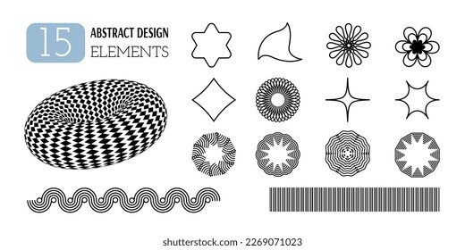Set of vector abstract geometric shapes. Aesthetics of Y2K. Trendy minimalist design elements, patterns, futuristic figures, 3d objects.