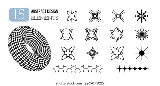 Set of vector abstract geometric shapes. Aesthetics of Y2K. Trendy minimalist design elements, patterns, futuristic figures, 3d objects.