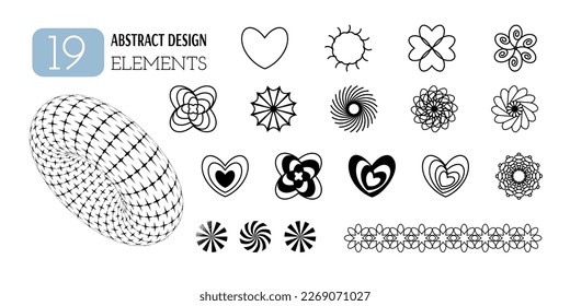 Set of vector abstract geometric shapes. Aesthetics of Y2K. Trendy minimalist design elements, patterns, futuristic figures, 3d objects, hearts.