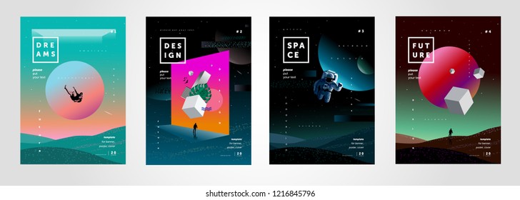 Набор векторных абстрактных градиентных иллюстраций, фоны для обложки журналов о мечтах, будущем, дизайне и пространстве, фантазии, сумасшедшие плакаты