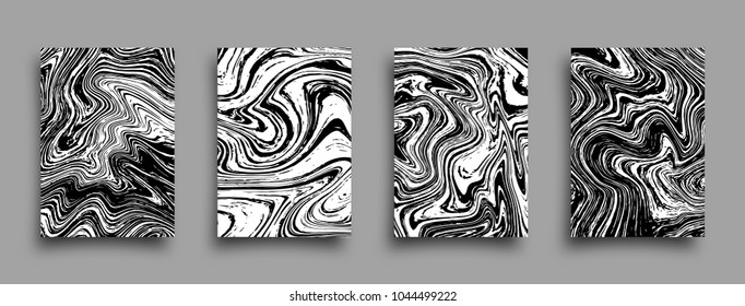 Set of vector abstract grunge brochures. Monochrome liquid textures. Marble templates with shadow.