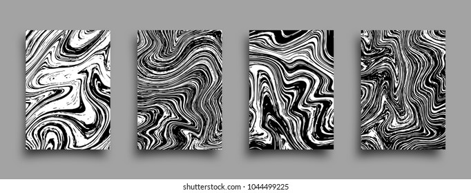 Set of vector abstract grunge brochures. Monochrome liquid textures. Marble templates with shadow.