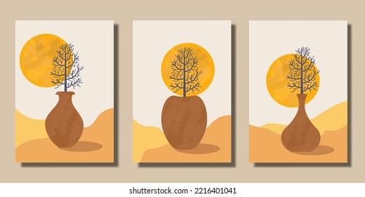 Set of vector abstract hand drawn backgrounds with plants in pots. Scandinavian style. flat design boho wall art vector vas and flower with the sun