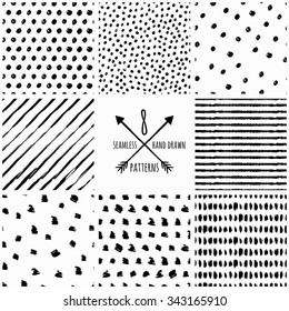 Set of vector abstract hand drawn seamless patterns. Black, white doodle universal background made with watercolor, ink and marker.  Concept for fabric design, textile print, wrapping paper or web.  