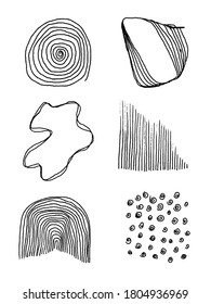 Set of vector abstract handmade graphic elements, for decoration, invitations, posters, card, fabric. Doodle lines, circles, black and white rainbow, stain, spiral. 