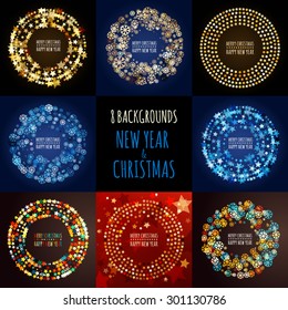 Set of vector abstract holiday backgrounds. Round frame from abstract multicolor glowing stars and snowflakes. Christmas, New Year 2016 greeting card, night party invitation, flyer, poster design.