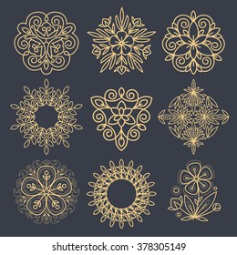 Set Vector abstract icons. The modern concept of gold foil printing on black background. Images for different shapes - circle, triangle, rhombus, pentagon. Vintage. Pictures organic natural motifs.