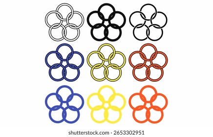 set vetor Abstrato entrelaçado cinco círculo.impossível loop design em cor azul,amarelo,vermelho .thin,contorno,silhueta estilos. Ilusão geométrica, símbolo de flor para logotipo, padrão ou decoração moderna