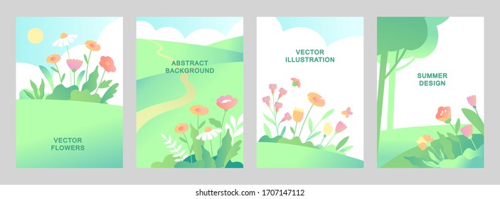 Set of vector abstract landscape summer backgrounds with copy space for text. Vertical templates Natural designs in flat style.