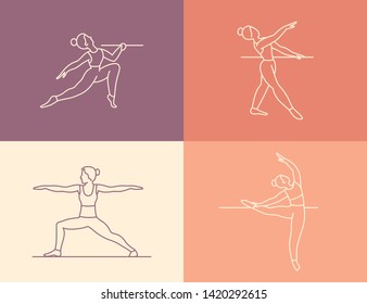 Set Of Vector Abstract Logo Designs Templates In Trendy Linear Minimal Style - Barre Studio - Women In Different Poses Stretching Body In Fitness Class