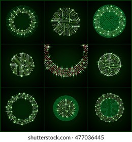 Set of vector abstract luminescent technology elements, round green gleam circuit boards with sparkles. High tech circular digital schemes of electronic device, multidirectional arrows.