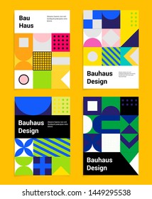 Set of vector abstract minimal poster in neo-memphis/ bauhaus/ vaporwave style. Collection of vivid covers or banners for club party, music concert. Vivid yellow, pastel pink, blue and violet colors.