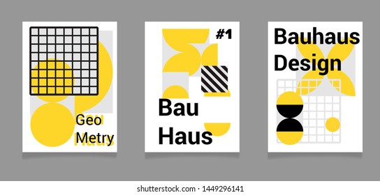 Set of vector abstract minimal poster in neo-memphis/ bauhaus/ vaporwave style. Collection of vivid covers or banners for club party, music concert. Gen Z yellow and black colors.