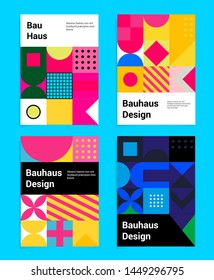 Set of vector abstract minimal poster in neo-memphis/ bauhaus/ vaporwave style. Collection of vivid covers or banners for club party, music concert. Yellow, blue, pastel pink and black colors.