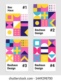 Set of vector abstract minimal poster in neo-mempis/ bauhaus/ vaporwave style. Collection of vivid covers or banners for club party, music concert. Vivid yellow, pastel pink, blue and violet colors.