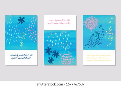 Set of vector abstract nature backgrounds with doodles, flowers, leaves, crosses, dots and scribbles. Romantic  pattern , hand drawn  with felt-tip pens  for invitations, design postcard or web page .