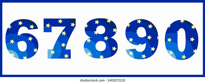 Set of vector abstract numbers and mathematical signs with stars of cosmic hue
