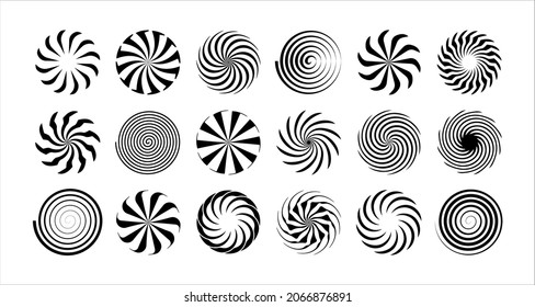 Set of vector abstract objects, camera lens shutter, illusion of deception, funnel, retracting and inflating, rotating circular.Hypnotic geometric shapes collection