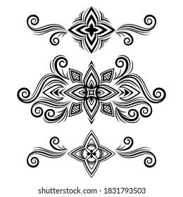Set of vector abstract ornament, curve swirls patterns with flowers and curls, line ethnic drawing. Black vintage traceries isolated on white background for frame design, border, prints, tattoo