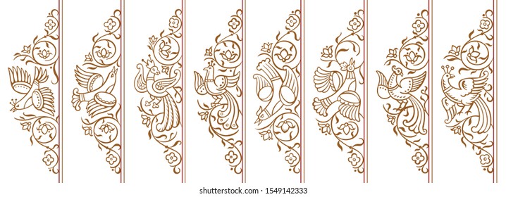Set of vector abstract ornamental nature and birds vintage borders. Floral decorative collection. 