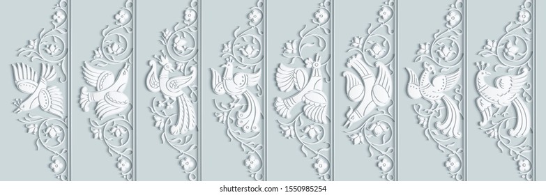 Set of vector abstract ornamental nature and birds vintage borders. Floral decorative collection. 3d effect imitation