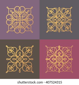 Set of vector abstract ornamental symbols, icons, logos, patterns to create luxury packaging, unusual logo, corporate identity design. Concept of printing with gold foil. Illustration in modern style