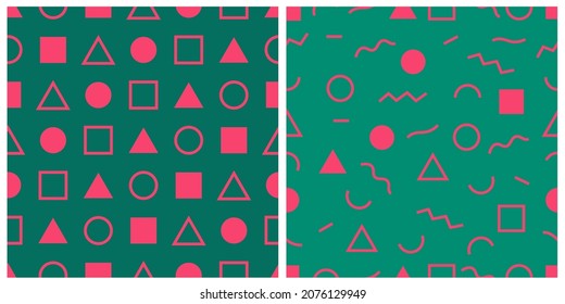 Set of vector abstract patterns. Geometric shapes circle, square, triangle. Illustrated in pink and green
