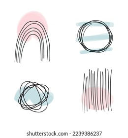 Set of vector abstract pictograms for postcard, poster, banner. Arc, circle, lines, stripes. Creative modern minimalist template design elements in pastel muted colors for social media post. Brush