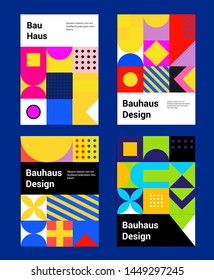 Set of vector abstract pop art poster in neo-memphis/ bauhaus/ vaporwave style. Collection of vivid covers or banners for club party, music concert. Vivid yellow, pastel pink, blue and violet colors.