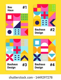 Set of vector abstract pop art poster in neo-memphis/ bauhaus/ vaporwave style. Collection of vivid covers or banners for club party, music concert. Vivid yellow, pastel pink, blue and violet colors.